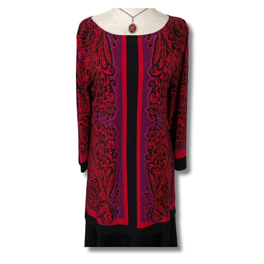 STYLE & CO. Red purple black dark floral stretchy tunic top MEDIUM LARGE shirt - Picture 1 of 13